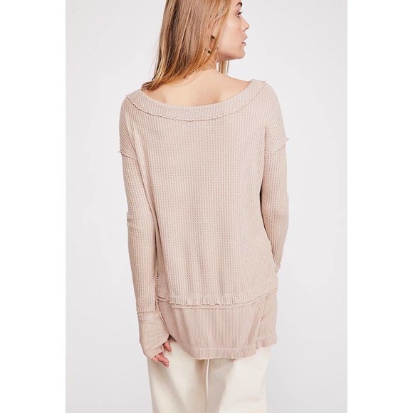 Free People Thermal Top Small Sand Beige Waffle Knit Long Sleeve Oversized - Picture 5 of 14